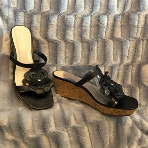 Black Nine West cork wedge leather sandals.